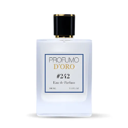 erpackung von Profumo Doro #242 – hellgelb-goldenes Design, Symbol für Energie, Klang und Leichtigkeit